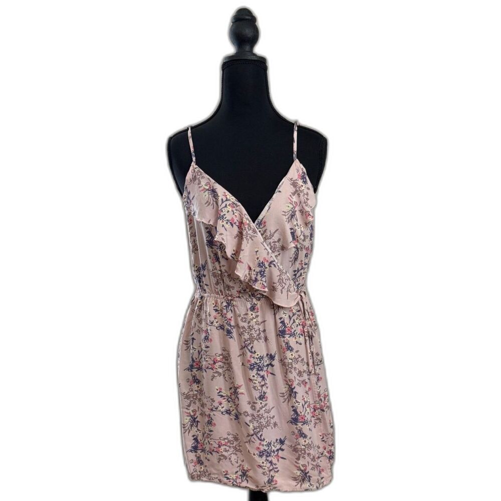 Women's Large Pink Floral Mimi Chica Flowy Faux Wrap Mini Dress with Side Tie